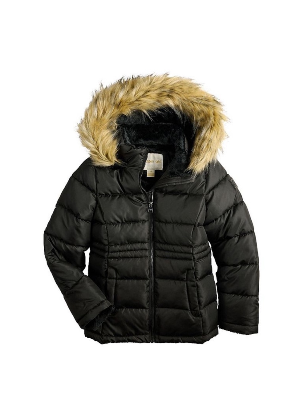 Madden Girl Black Puffer Jacket with Faux Fur Trim Hood